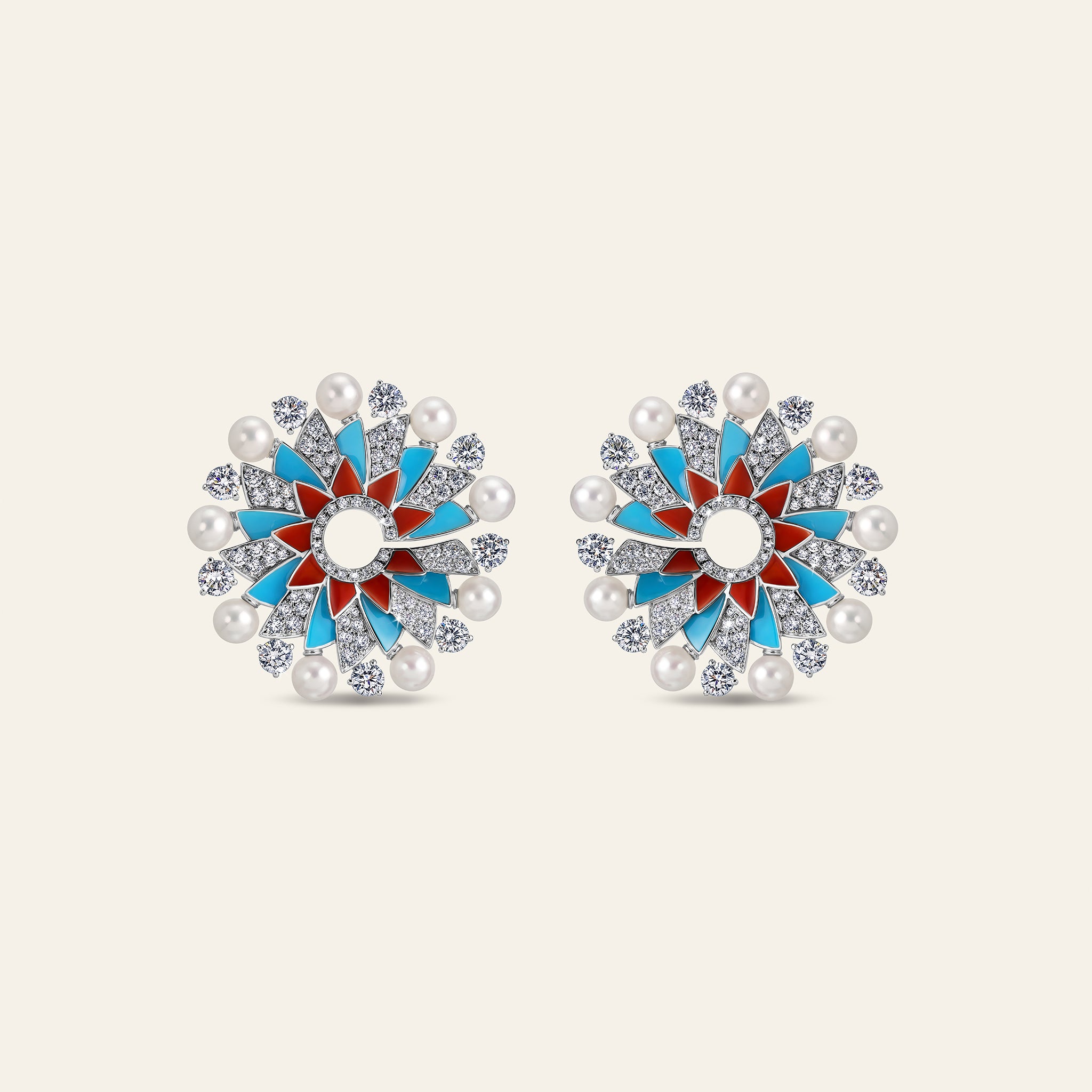 Infinia Earrings With White Diamonds With Pearls, Turquoise And Corals_1