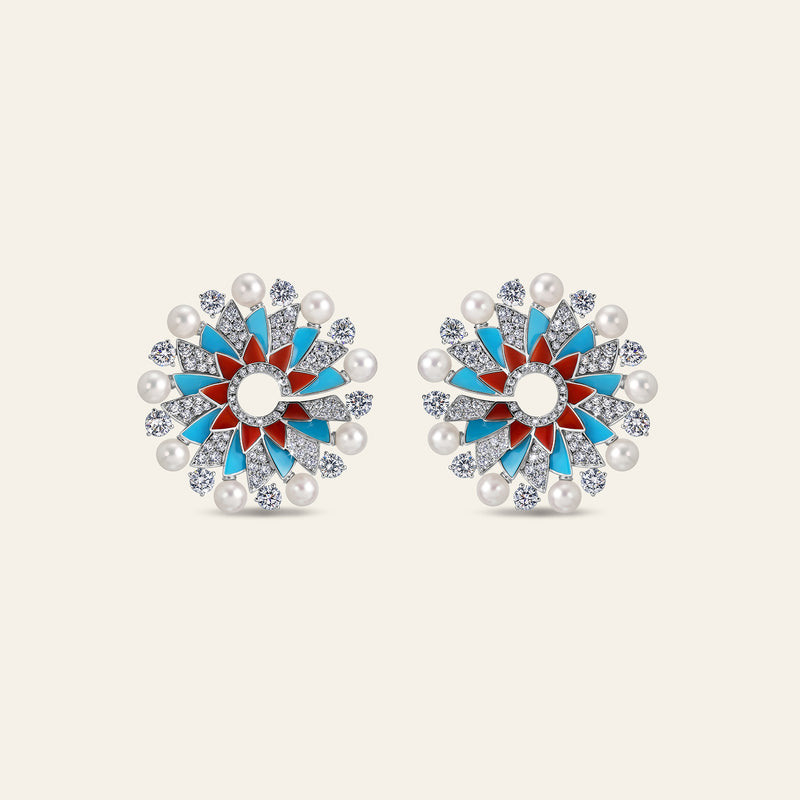 Infinia Earrings With White Diamonds With Pearls, Turquoise And Corals_1
