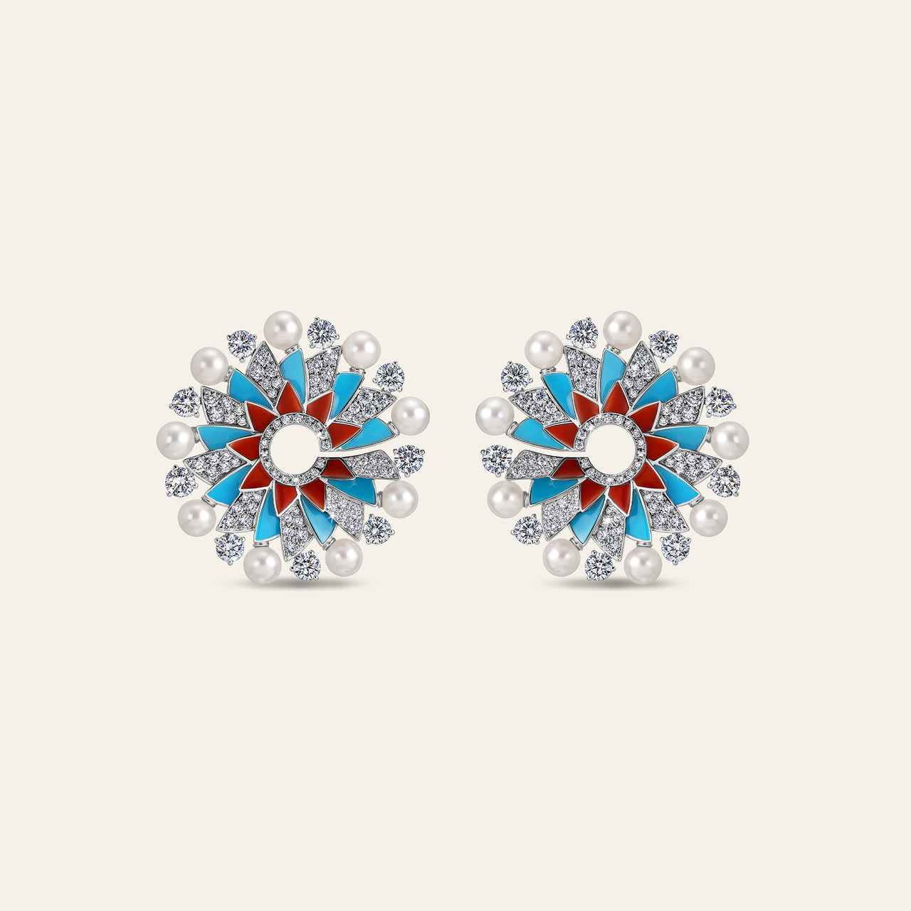 Infinia Earrings With White Diamonds With Pearls, Turquoise And Corals_1