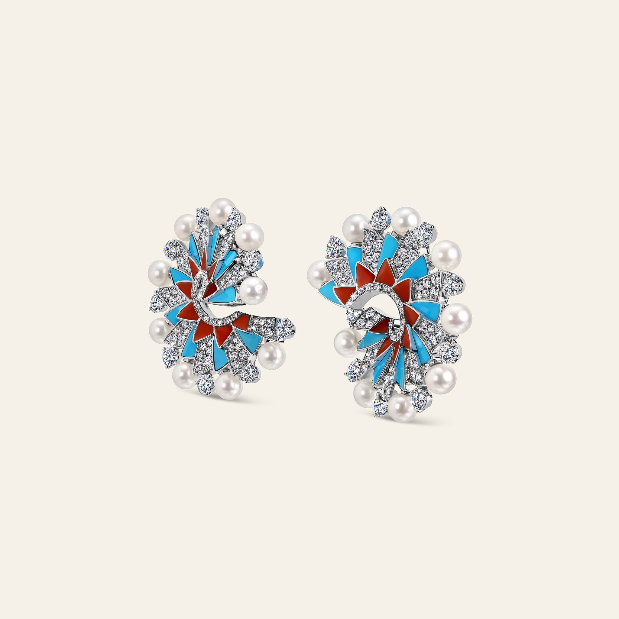 Infinia Earrings With White Diamonds With Pearls, Turquoise And Corals_2