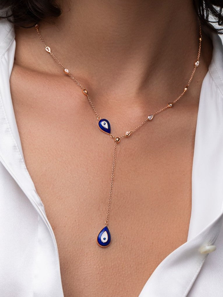 Evil Eye diamond lariat necklace, worn