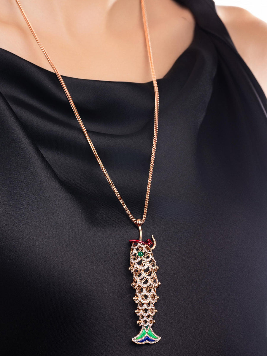Lucky You fish pendant, worn
